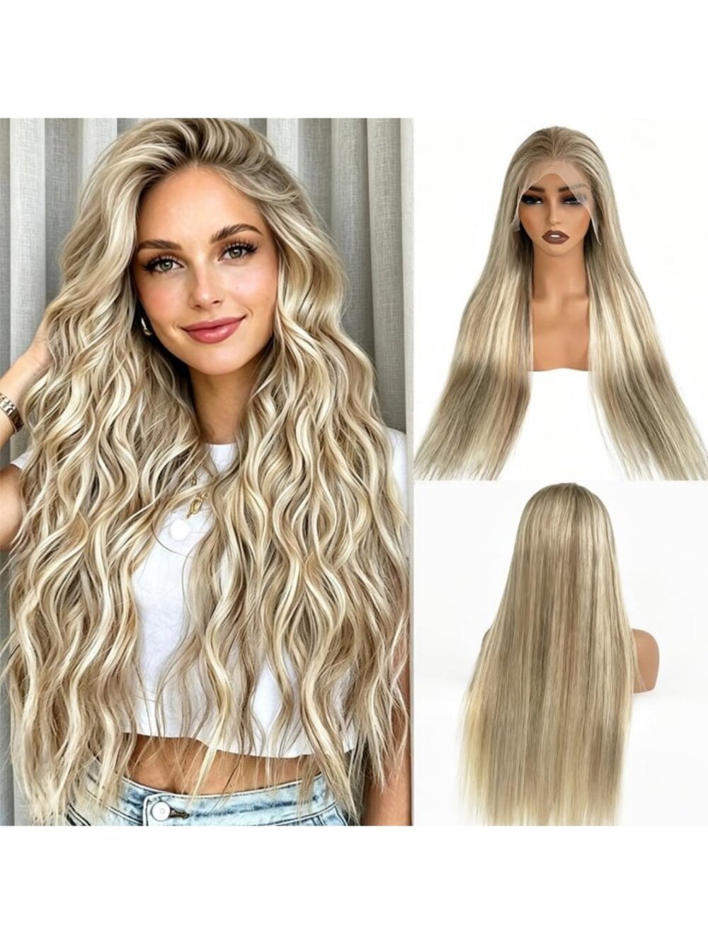 Glueless Lace Front Wig - Ombre Ash Brown & Beige Blonde Highlights, 26" Human